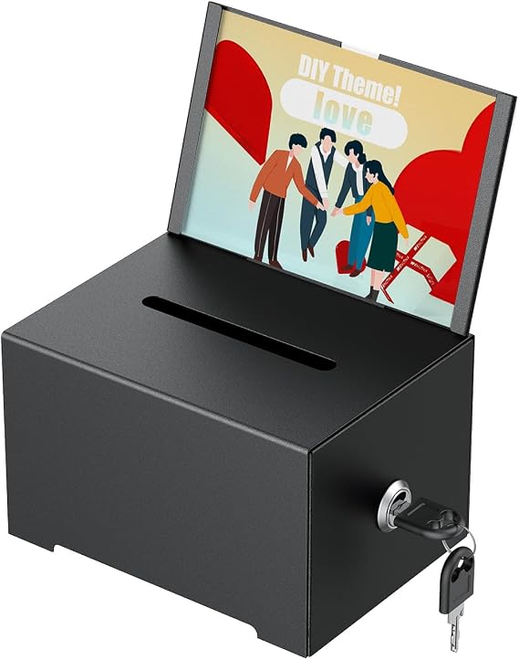 Uniclife 6.4"x 4.7" x 4" Black Metal Donation Box with Slot Lock | Metal storage container with sign holder works as suggestion & ballot box for fundraising, voting, charity, tip collection