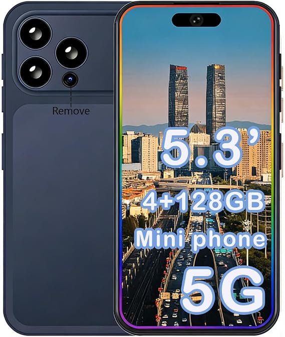5.3" HD Mini Unlocked Phone,4+128GB,5G Unlocked Phone,Android 14 Smartphone,5000mAh Battery/Dual SIM/Face Unlock/GPS.(Blue)