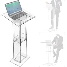 IRONWALLS Clear Podium Stand Adjustable Height, 33.5"-45.3" Acrylic Lectern Podium Stand for Church, Weddings, Classroom, Speech, Presentation, Portable Pulpit Podium with Storage Shelf (Podium Only）