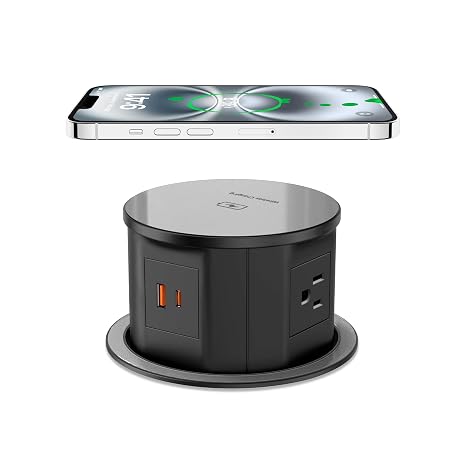 VILONG Pop Up Outlet for Countertop, 20W USB-C, 15W Wireless, 4AC, 6FT Cord