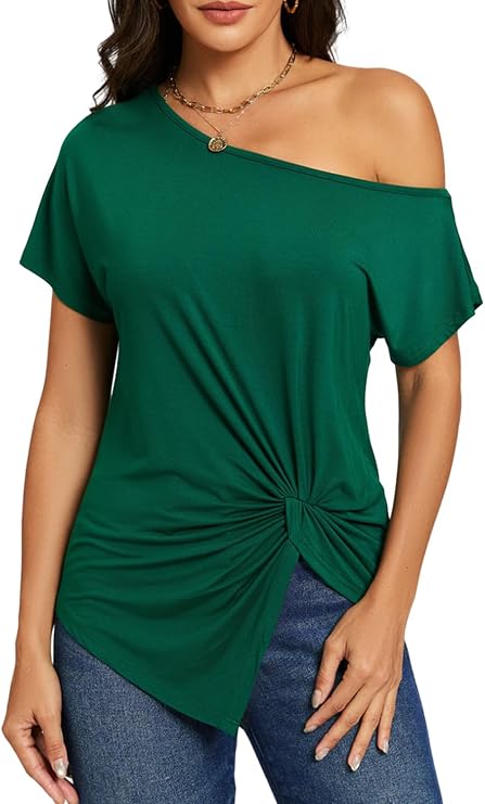 Womens Summer Off Shoulder Tops Sexy Casual Short Sleeve Front Knot Ruched Asymmetrical Shirts Dolman Blouse