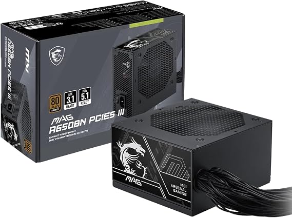 MSI MAG A650BN PCIE5 III, Non Modular Gaming 650W Power Supply, 80+ Bronze, Dual 12V-2x6 Cables, Server-Grade Capacitor, ATX 3.1 & PCIe 5.1 Ready, Low-Noise, Semi Digital,