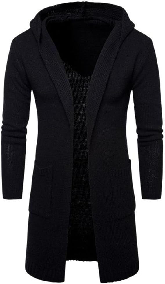 Mens Trendy Lightweight Hooded Knitted Cardigans Casual Long Open Front Cardigan Cable Ribbed Knitted Sweaters (Black,Large)
