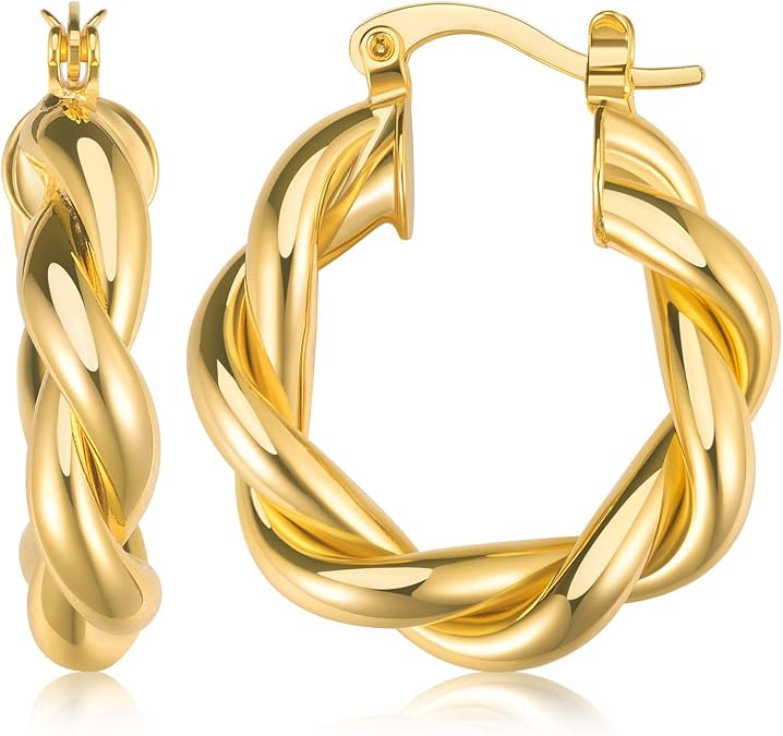 Twisted Hoop Earrings for Women, 18K Gold Plated Chunky Twist Hoops | Lightweight Rope Hoop Earrings | High Polish Finish | Secure Clasp | Comfortable Everyday Minimalist Jewelry