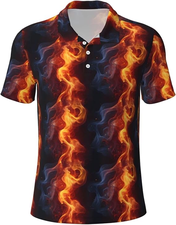 Red Flame Pattern Q Print Polo Shirts for Men-Funny Golf Shirts for Mens Short Sleeve Polos Polo T Shirts