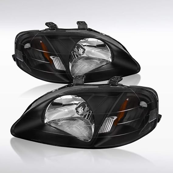 Autozensation Headlights For 1999-2000 Honda Civic Black Left+Right | For 1999-2000 Honda Civic EK EX LX Si L+R Pair Head Light Lamp Assembly, Black Headlights