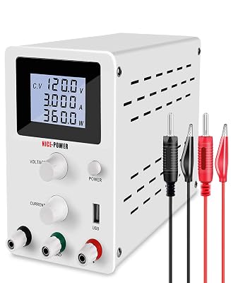 Nice-Power Adjustable DC Power Supply 0-120V, 0-3A Variable Switching Regulated High Precision 4-Digits LCD Display 5V2A USB Port Test Lead Output & Input Power Cord Bench Lab Power Supplies