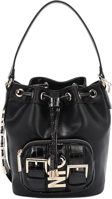Nicole Lee Bucket Bag, Vegan Leather, Faux Croc Accents, Drawstring Closure