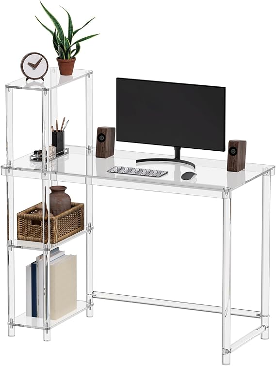 Eglaf Acrylic Desk with 4 Tier Storage Shelves - Modern Computer Desk | Writing Desk Clear Desk with Reversible Side Shelf, Easy Assembly, 41.3" L x 19.7" W x 29.5" H