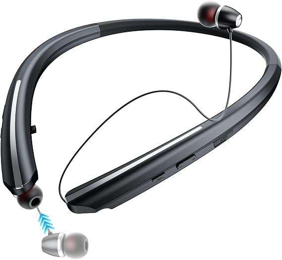Neckband Bluetooth Headphones, Wireless Retractable Headset with Mic, IPX5 Sweatproof Earphones, Noise Cancelling Earbuds | 22H Playtime for Sports/Running/Driving (Black)