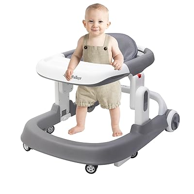 Baby Walker, 3-Gear Height Adjustable Foldable Infant Toddler Walker with Foot Pads, Baby Walker with Wheels, Baby Walkers and Activity Center, Baby Walkers for Baby Boys and Baby Girls 6-24 Months