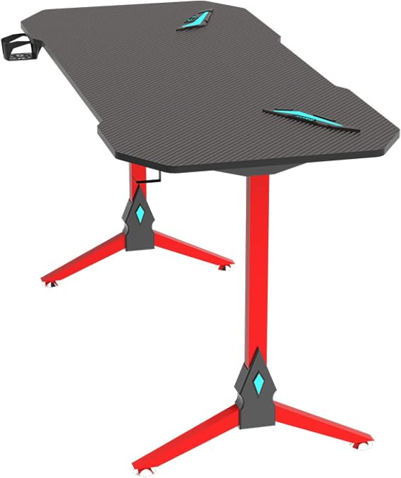 Gaming Desk with Cup Holder & Headphone Hook, Home Office PC Desk Gamer Workstation with LED Lights Ergonomic Computer Desk with Carbon Fibre Surface, Red