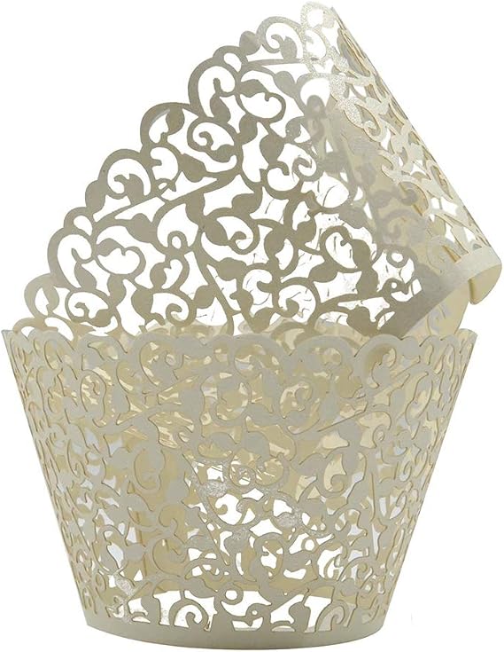 100pcs Cupcake Wrappers Artistic Bake Cake Paper Cups Little Vine Lace Laser Cut Liner Baking Cup Muffin Case Trays for Wedding Party Birthday Decoration (Beige)
