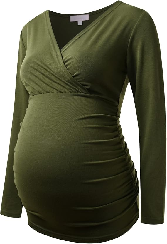 Maternity Shirt Long Sleeve Top Wrap V Neck Blouse Cross Over Nursing Tshirt