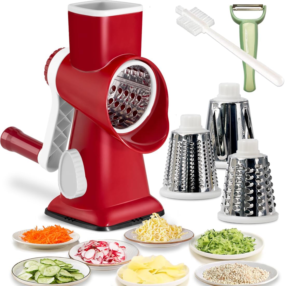 Rotary Cheese Grater Shredder with Handle, Handheld Round Mandolin Vegetable Slicer, Carrot Shredder, Nut Grinder with 3 Replaceable Stainless Steel Drum Blades, Upgraded Strong Suction, Red/White