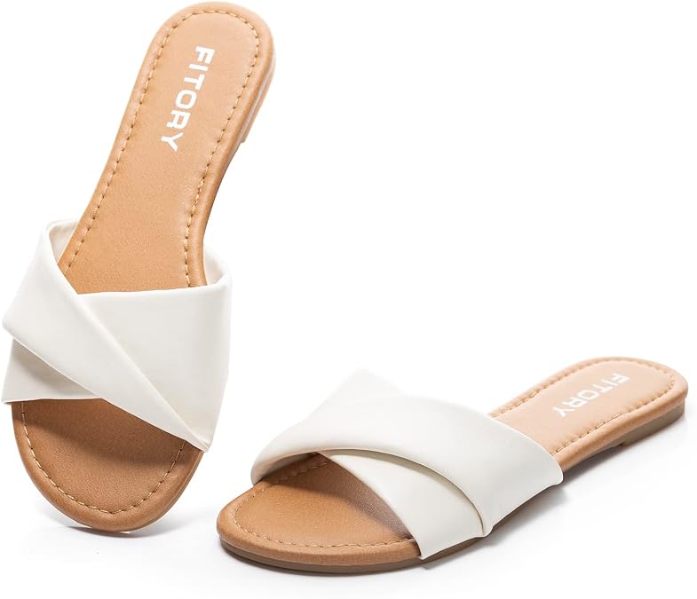 FITORY Womens Flat Sandals Fashion Slides with Soft Leather Slipper Summer | Dressy, Cute, Beach, Slip on, Comfortable, Wedding, Fancy, Casual, Comfy, Vacation
