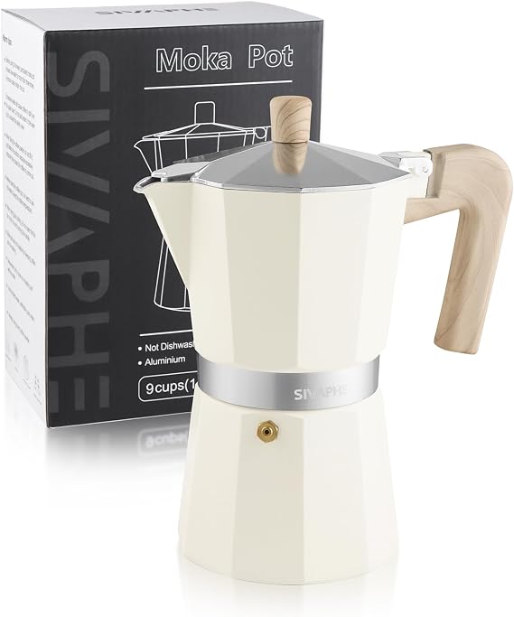 Sivaphe Aluminum Moka Pot 9 Espresso Cups, Percolator Espresso and Coffee Maker, Portable Stovetop Italian and Cuban Cafe Brewer for Home and Camping White