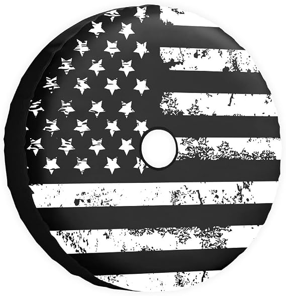 Spare Tire Cover Black and White American Flag Wheel Tire Cover Universal Fit for Trailer, RV, SUV Truck Camper Travel Wheel Protectors Covers 18 Inch with Backup Camera Hole