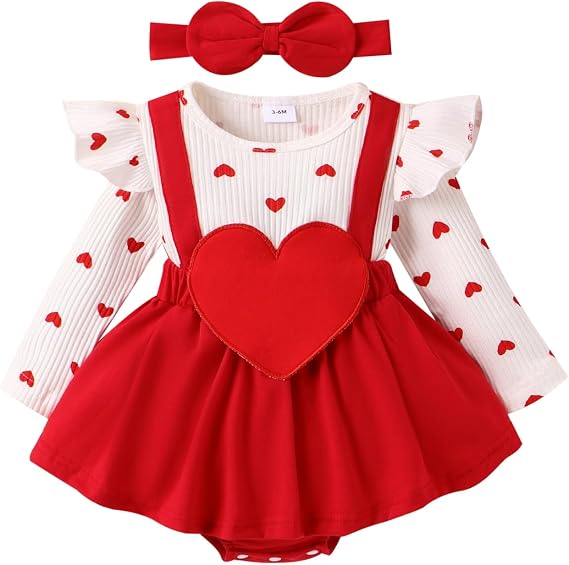 VISGOGO Baby Girl Valentines Day Outfit Romper Dress Ruffles Long Sleeve Heart Print Clothes Jumpsuit with Headband