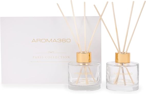 Aroma360 - Escapade - パリコレクション リードディフューザー デュオ - ラグジュアリーアロマテラピーディフューザー - レモン、海、ベルガモット、香りのジャスミンのヒントに - エッセンシャルオイルディフューザー - 棚装飾 - ホーム&オフィス