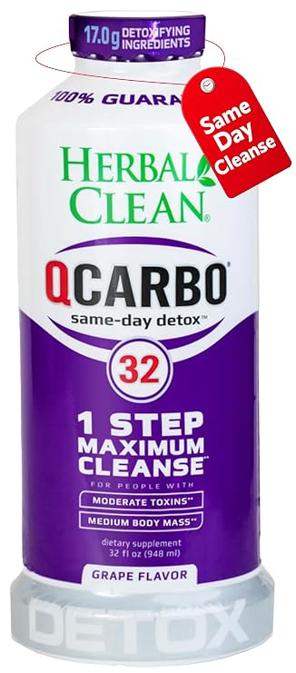 Herbal Clean Qcarbo32 Same Day Detox Cleanse Drink (32 fl oz) - Grape Flavor Full Body Cleanse* Detox Drink for high Toxin Level*, Vitamin B2 and Vitamin B12 for Men & Women
