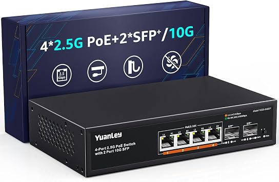 YuanLey 6 Port 2.5G PoE Switch Unmanaged, 4 x 2.5G Base-T PoE Ports, 2 x 10G SFP, IEEE802.3afat, 78W, Compatible with 10010002500Mbps, Metal Fanless, VLAN, DesktopWall Mount 2.5Gbe Network Switch