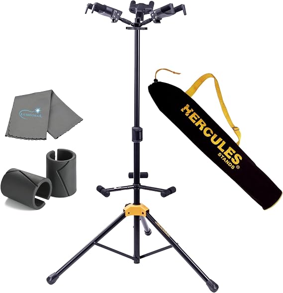 Lumintrail Hercules GS432B PLUS Triple Guitar Stand, Auto Grip System, Foldable Backrest, Fits Guitar Neck Sizes 1.57 - 2.05 with Hercules GSB001 Carrying Bag and a Cleaning Cloth