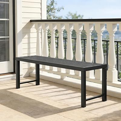 Outdoor Metal Backless Bench Weatherproof Patio Bench with Slatted Seat, All-Weather Garden Bench for Porch, Patio, Lawn and Backyard, Black