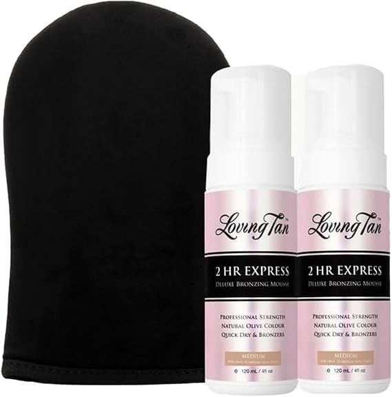 Loving Tan 2 HR Express Mousse, Medium (2 Pack) + Mitt - Streak Free, Natural looking, Professional Strength Sunless Tanner- Up to 5 Apps/Bottle, Cruelty Free, Naturally Derived DHA- 4 FL Oz...