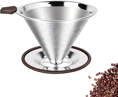Pour Over Coffee Dripper,Stainless Steel Coffee Filter, Pour Over Maker Double Micro Mesh, Reusable Coffee Strainer Silver