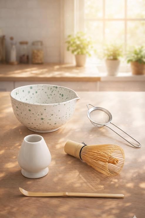 5 Parça Profesyonel Matcha Hazırlama Seti - Çelik Süzgeç, Bambu Çırpıcı, Kase, Tutucu ve Kaşık