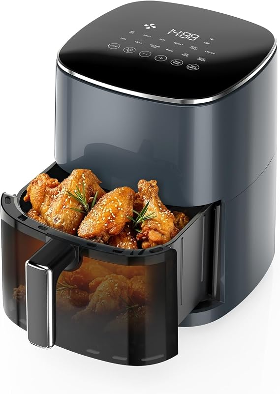 OLIXIS 12-in-1 Air Fryer 6.34 Quarts, Visable Airfryer with Window, 400F, Roast, Reheat, Dehydrate, Bake, Steam, Fries, Custard, Chicken, Wings, Sea Food, Vegetabels, Grey