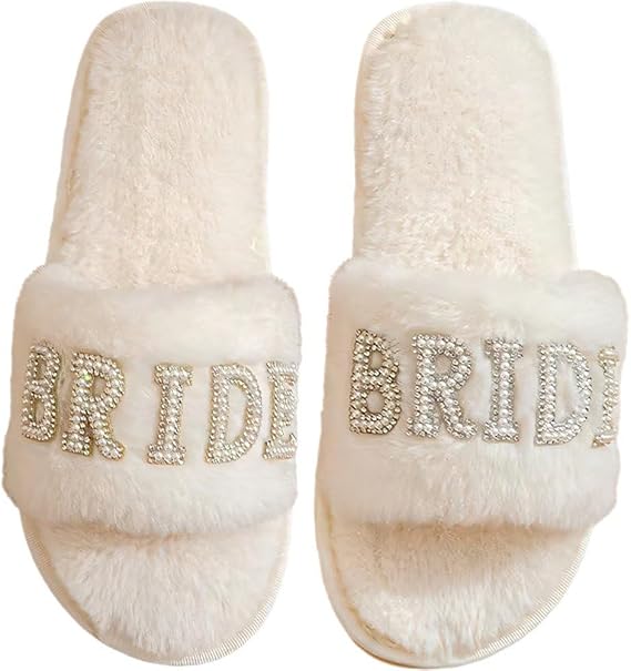 Bride Slippers, Women's Wedding Shoes for Bride, Plush Furry Warm Open Toe Cozy Fluffy Bridal Wedding Party Soft House Shoe for Bachelorette Party