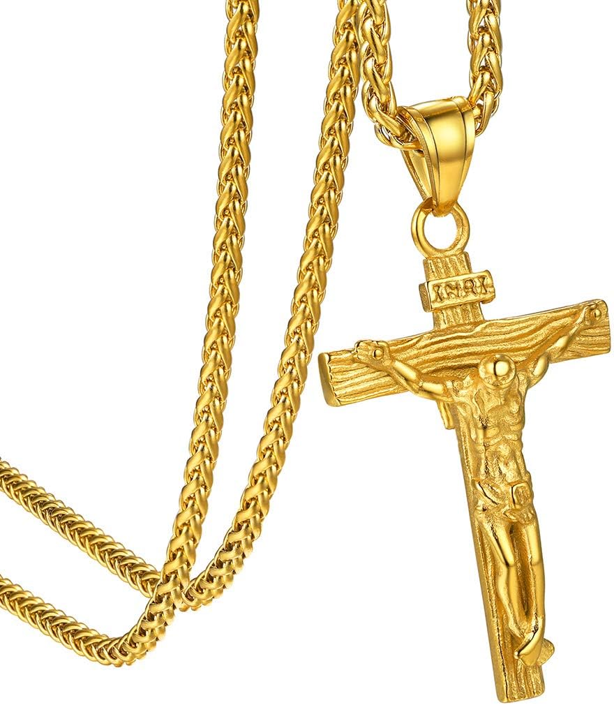 GOLDCHIC JEWELRY Stainless Steel Cross Necklace for Men Women, 18K Gold Black Jesus Crucifix Christian Jewellery, Baptism Church Gift, Can Custom Engraving