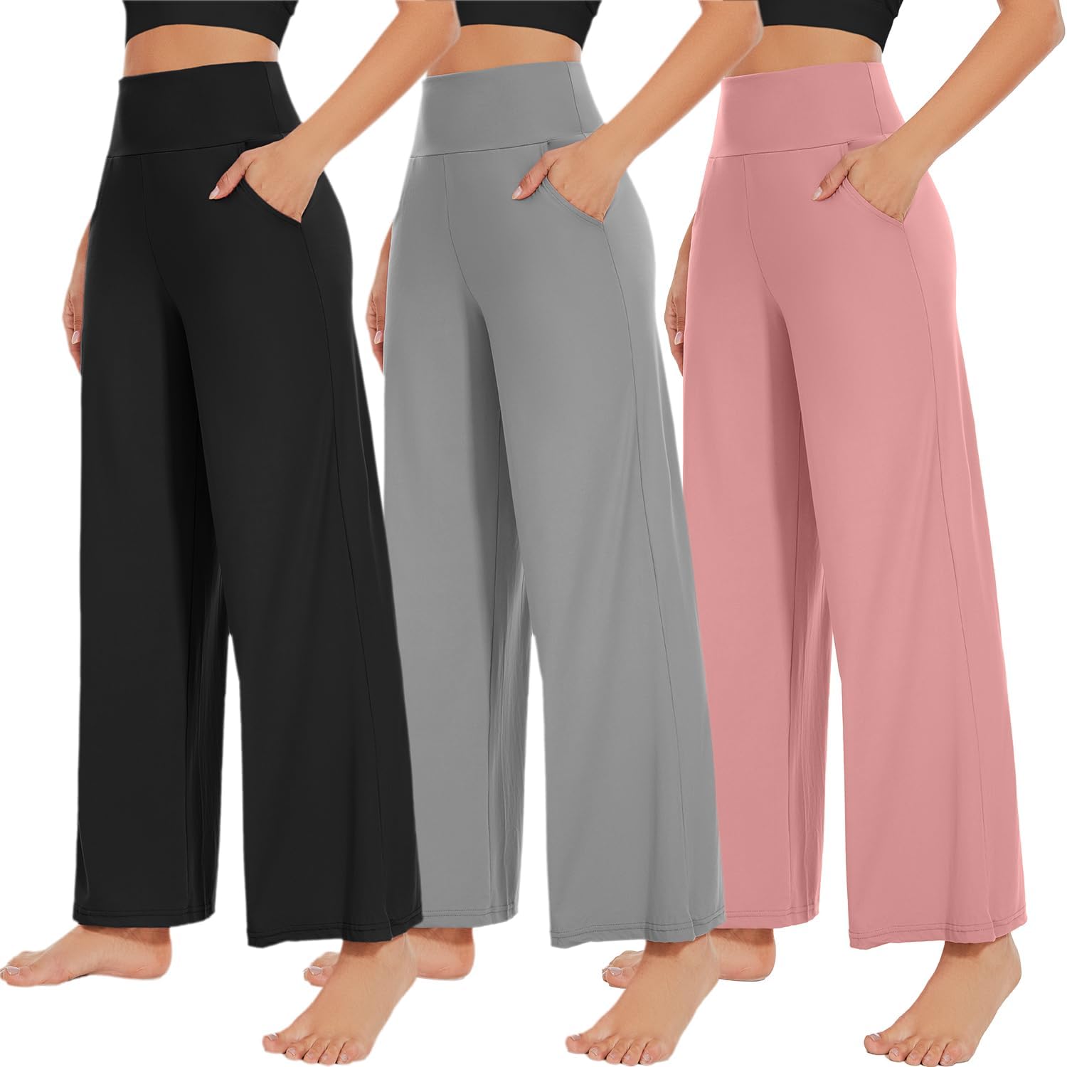 NEW YOUNG 3 Pack Womens Wide Leg Pants with Pockets High Waist Loose Sweatpants Casual Lounge Yoga Workout Palazzo