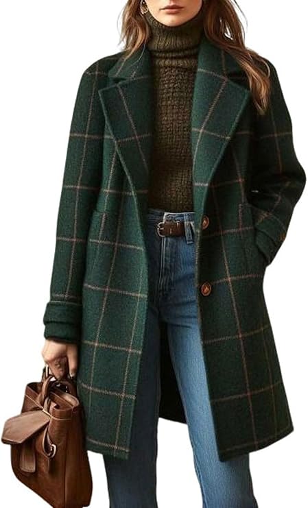 utcoco Women's Plaid Trench Coat Vintage Mid Length Notch Lapel Single Breasted Winter Wool Blend Outerwear