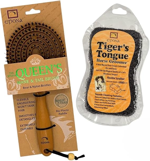 Epona Tigers Tongue Horse Groomer & The Queens Brush Set - Grooming Scrubber Sponge & Hair Brush for Removing Dirt & Dander on Horse's Mane & Tail - for Equestrians and Horse Owners, with E-Book