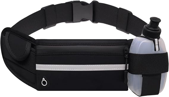 Running Belt with Water Bottle Holder, Black Fanny Pack for Men Women Kids Fit Hydration Hiking Waist Pack Runners Workout GYM Walking Sports Travel, Slim Waist Bag for Phone Keys Carry Pouch