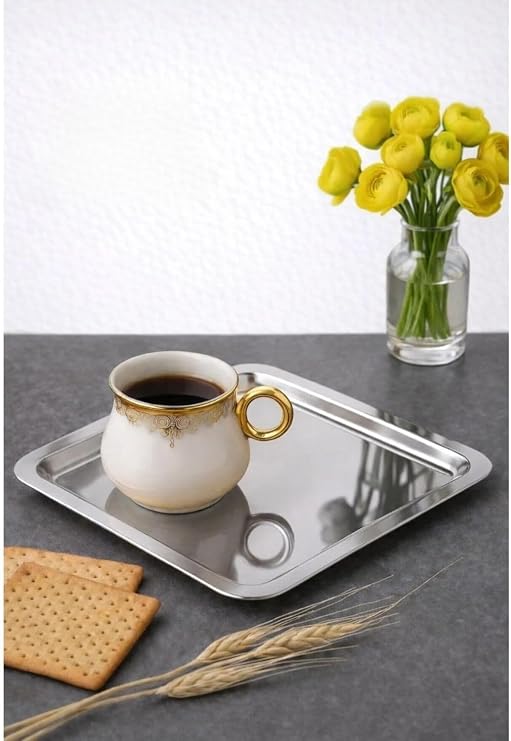 ARVALE 6 Adet Lüx Kare Paslanmaz Çelik Sunum Tepsini 21x21cm Kahve Servis Sunum Tepsisi & Tabağı (Gümüş)