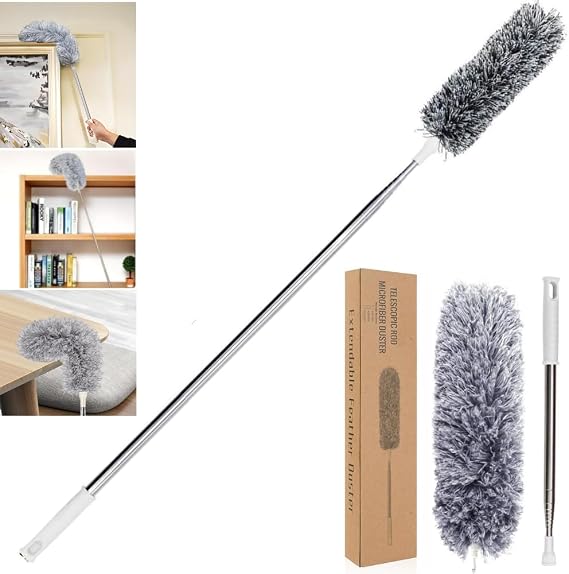 (Upgraded) 110" Extendable Microfiber Feather Duster – Long Handled Telescopic Pole for Cleaning High Ceilings, Blinds, Fans, Cobweb & Home Furniture – Washable Dusting Brush & Dust Remover Tool