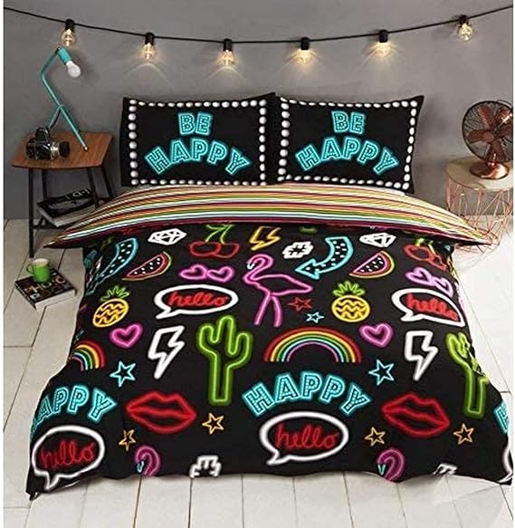 Rapport Double Duvet Cover Set | Black Neon Graffiti Striped Reversible Bedding | Soft Polycotton Blend | 200 x 200 cm Duvet & 2 Pillowcases | Funky Kids Teen Bedroom Decor