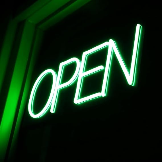 Open Signs for Business 12V/2A Ultra Bright LED Neon Open Sign Lighted Open Sign Electric Light Up Open Sign for Business Storefront Window Glass Door Retail Shop Store Bar Salon Restaurant (Green, 32 Inch)