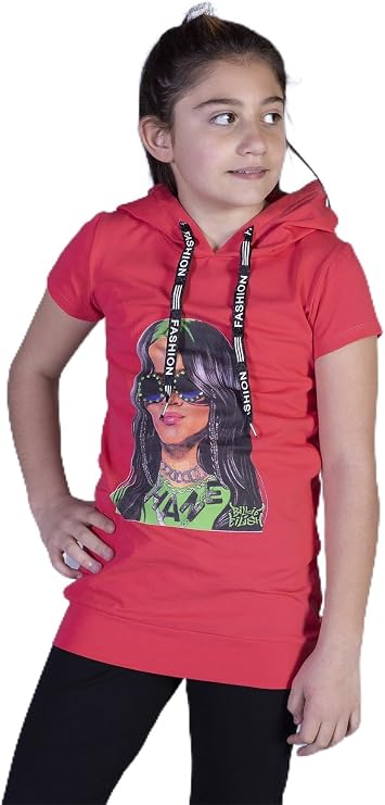 Kız Çocuk Billie Eilish Baskılı Kapüşonlu Tişört Nar Çiçeği