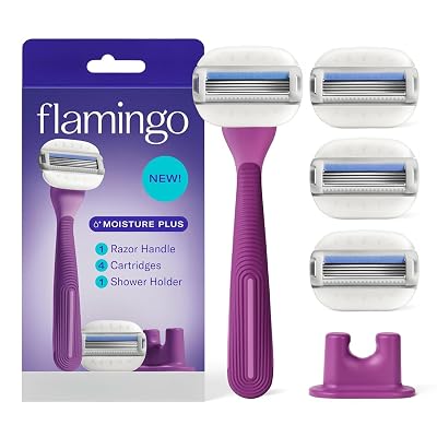 Flamingo Moisture Plus Womens Razor Set - No Shave Gel Needed - Razor Handle, 4 Blade Refills, Shower Holder - Fig