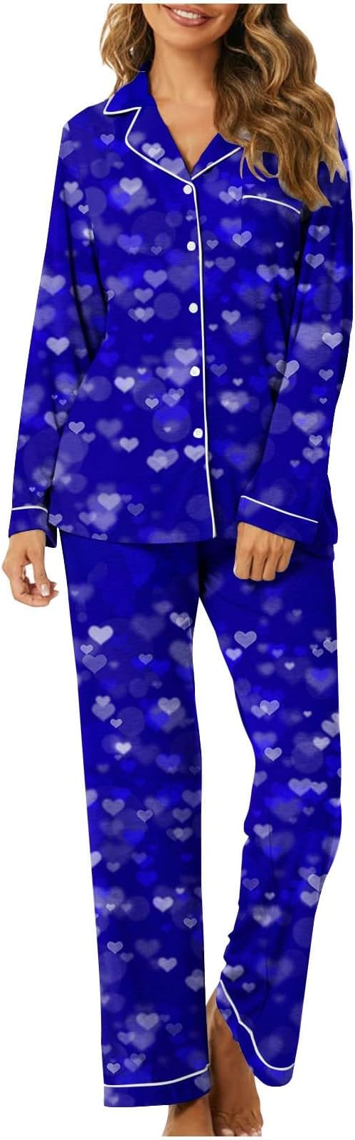 NSICBMNO Long Sleeve Pyjamas For women Heart Pyjamas Button Up Shirts Lounge Pants 2 Piece Outfits Loungewear Sets Casual Co Ord Sets Comfy Nightwear Pyjama Sleepwear Plus Size