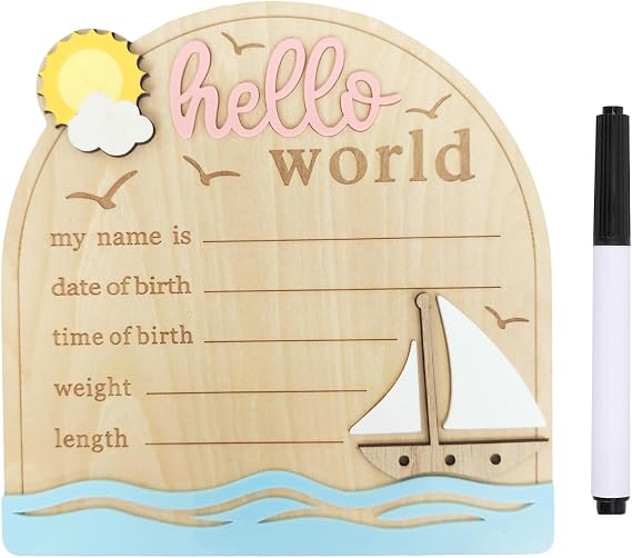 Baby Announcement Sign, 5.9 Inch Wooden Hello World Newborn Signs, Birth Announcement Sign and Pen, Sun and Sailboats Decoration, Welcome Newborn Arrival to World, Hospital Nursery for Baby (Pink)