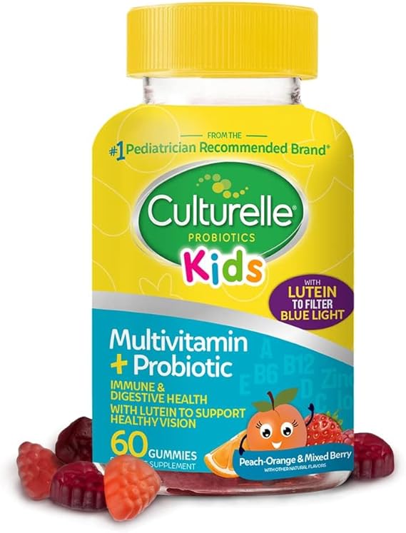 Culturelle Kids Probiotic Gummies for Ages 2+ Peach-Orange & Mixed Berry Flavors - Digestive & Immune Support with Lutein for Eye Health, 60 Count
