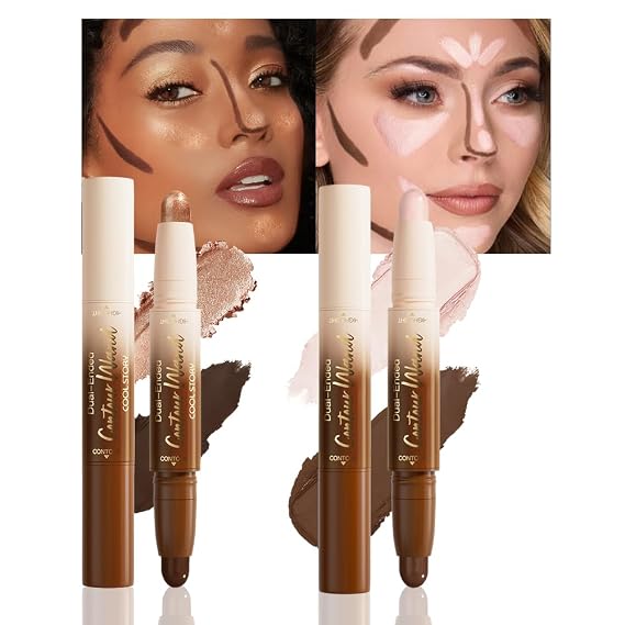 FeiCuiYun 2Pcs Dual-Ended 2-in-1 Cream Contour & Highlighter Stick Makeup For Face & Body Waterproof, Long-Lasting, Suitable for All Skin Tones, (01+03)