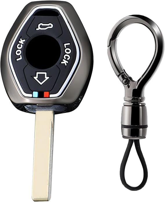 Keyless Remote Key Fob Cover with Keychain Compatible with BMW E38 E39 E46 E53 E60 E63 E61 E64 E83 E85 E86 M5 325i X3 X5 Z3 Z4 3 5 7 Series Key Shell Case Car Accessories-Short Chain Black