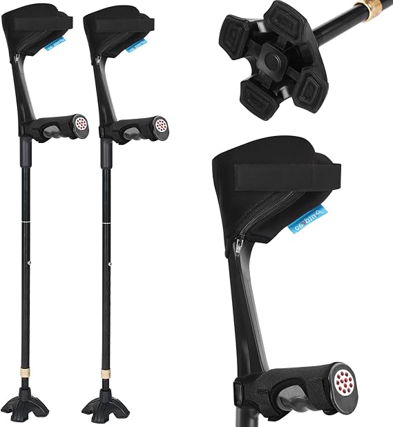 Crutches for Adults, Crutches for Walking, Have Adjustable Forearm Crutch Pads, Folding Forearm Crutches, with Four Corner Base Prevent Slipping , Suitable for Old People, Lame People (Black)